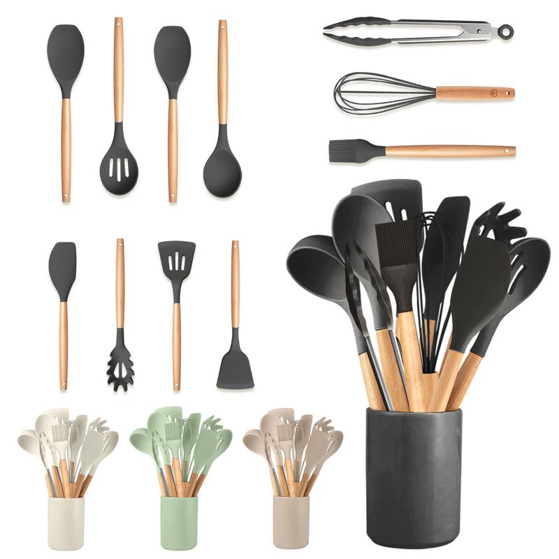 Set 12 Utensilios de Cocina de Silicona Antiadherente — Menaje Completo con Soporte