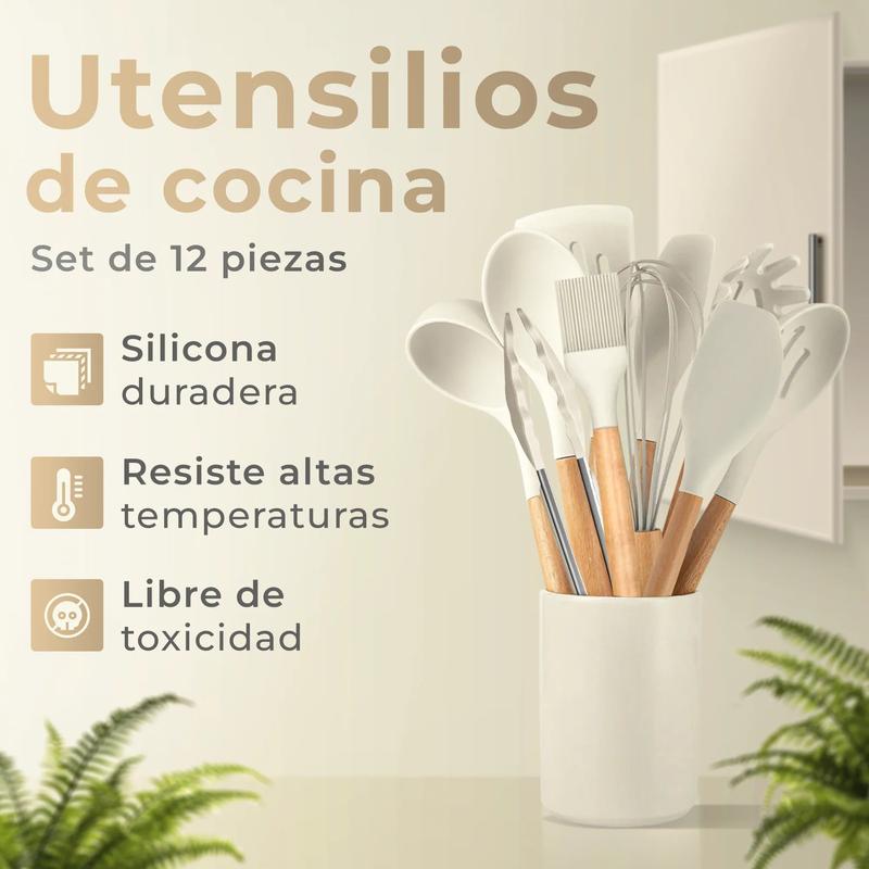 Set 12 Utensilios de Cocina de Silicona Antiadherente — Menaje Completo con Soporte