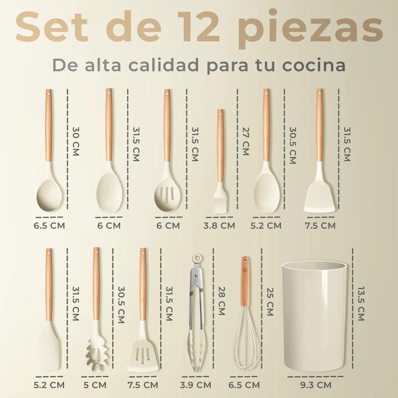 Set 12 Utensilios de Cocina de Silicona Antiadherente — Menaje Completo con Soporte
